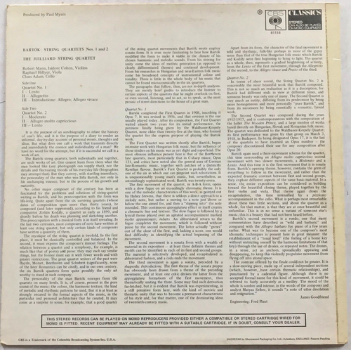 Bartok String Quartets 1 & 2 - Juilliard String Quartet CBS Vinyl LP - Picture 2 of 4