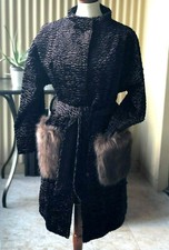 Woman Brown Faux Karakul Fur Knee Length Belted Coat Jacket Silk Lining Sz S 42