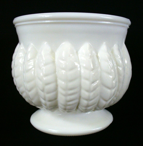 Vintage~MCM~Flower Pot~EMBOSSED LEAVES~Milk Glass~BOWL~White~TEXTURED~Ribbed~EUC