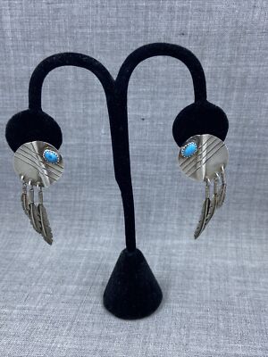 G Grace Smith Cast Sterling .925 Turquoise Feather Drop Dangle Stud Earrings