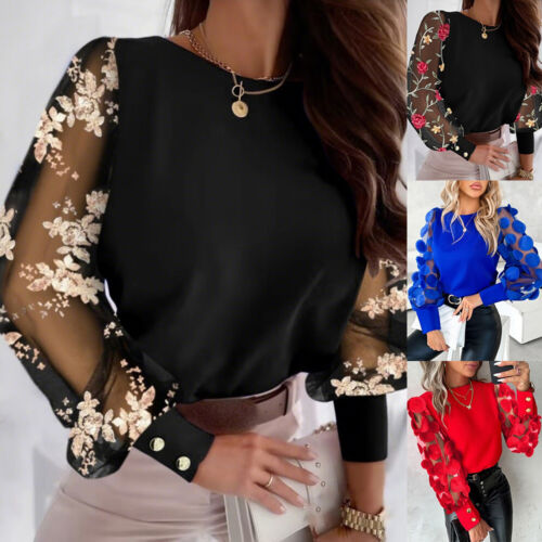 Womens Long Sleeve Round Neck Mesh Floral Top Ladies Casual Blouses Tee T-shirt