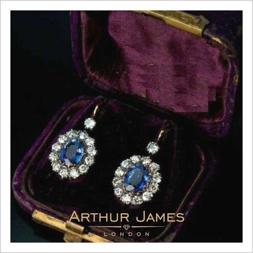 Vintage Floral Design Halo Drop Dangles Oval Sapphire Handmade Women's Earrings - Picture 10 of 12