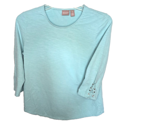 Camiseta informal Chico's para mujer 1 azul mediano manga 3/4 top tejido holgado puño con cordones - Imagen 4 de 16