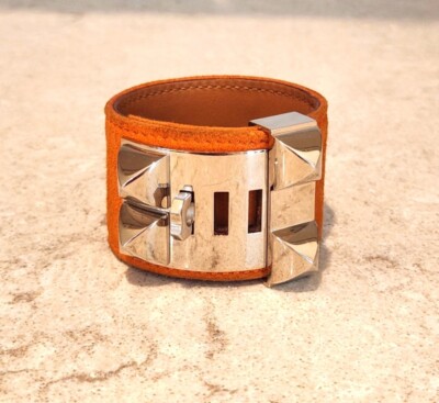 Hermes Collier De Chien extra wide bracelet in orange suede | eBay