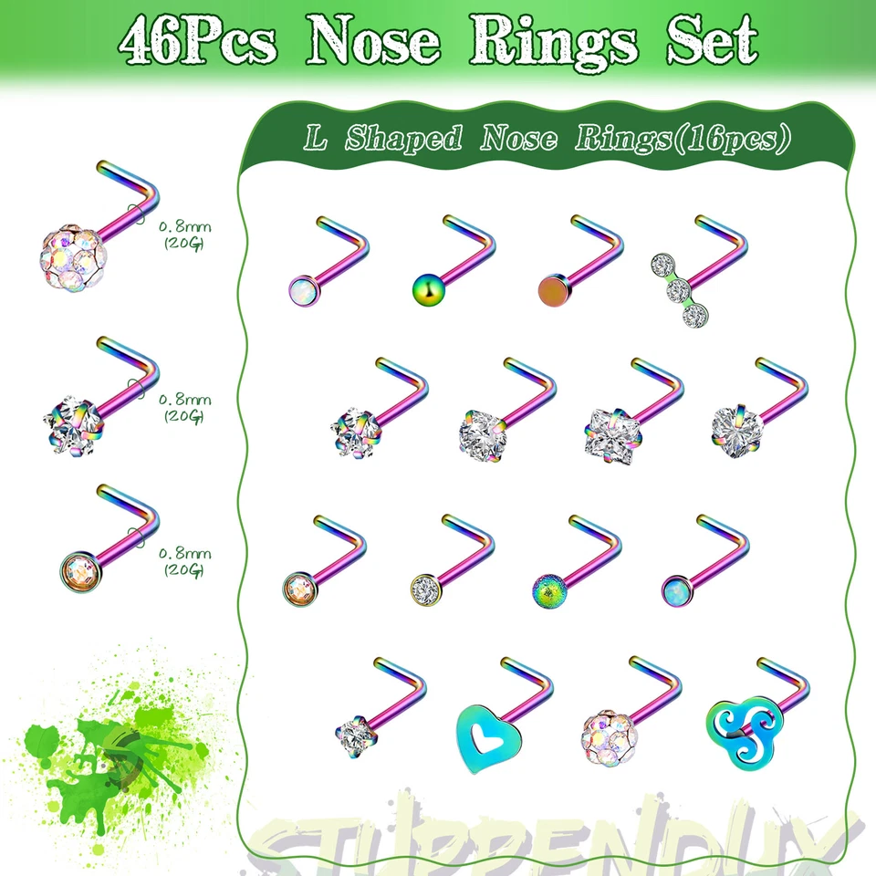 16-48Pcs цветной нос кольца хирургической стали винт L изгиб кости гвоздики пирсинг набор - Изображение 2 из 4