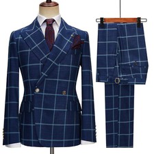 Men's Wedding Plaid Suit Peak Lapel Double Breasted Jacket Pant 2 Piece Slim Fit
