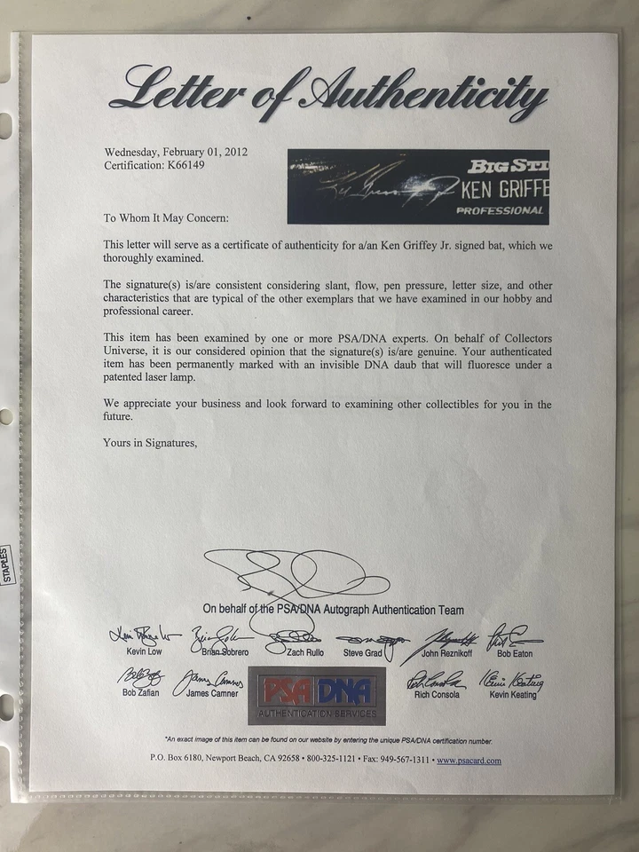 KEN GRIFFEY JR Autographed Big Stick Baseball Bat PSA FULL LETTER LOA - Image 4 of 4