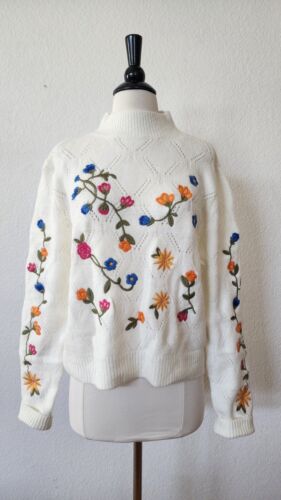 Anthropologie Sweater New Size Large White Floral Embroider Coquette Garden Boho