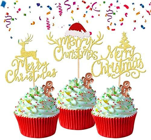 24 PK Of Christmas Cupcake Toppers Party Food Sticks Gold & Red Glitter Design - Picture 1 of 2