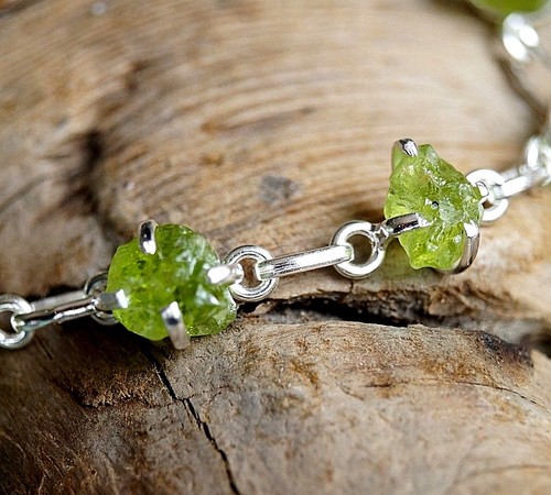 Handarbeit Armband 18,5 - 21 cm Kette Silber Rohstein Peridot Grün Schlicht Roh - Bild 6 von 9
