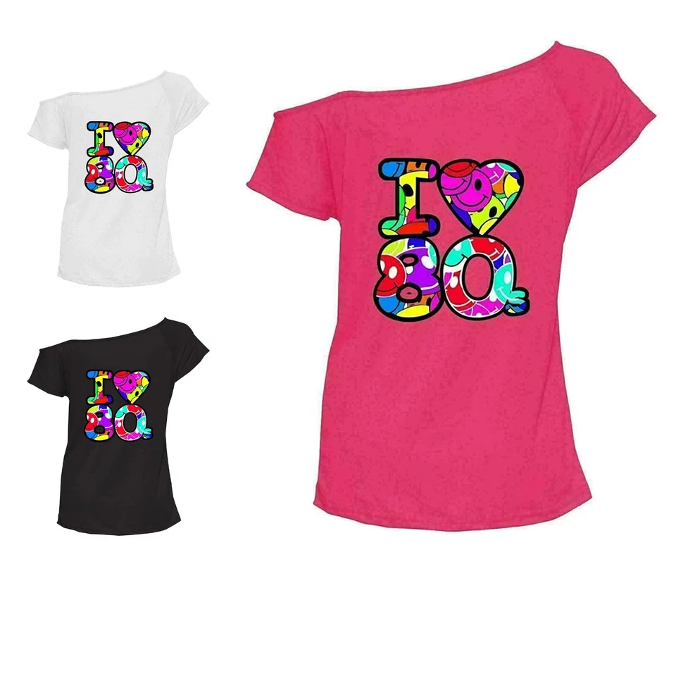 Womens Off Shoulder Slash Neck "I Love The 80s" Print Basic T Shirt Style Top - Image 2 of 2