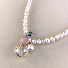 U C Sundance Sterling Silver Quartz, Blue Zircon, Pink Chalcedony Pearl Necklace