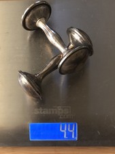 Set of 2 Vintage  4“ Sterling ? Silver Plated ? Baby Rattle Barbell  ~ Unmarked
