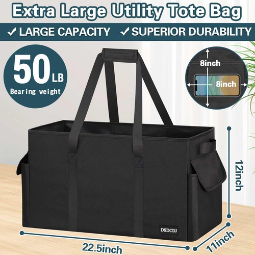 Sturdy Extra Large Utility Tote Bag with Hard Bottom & Sides, Heavy Duty Groc... - Picture 4 of 7