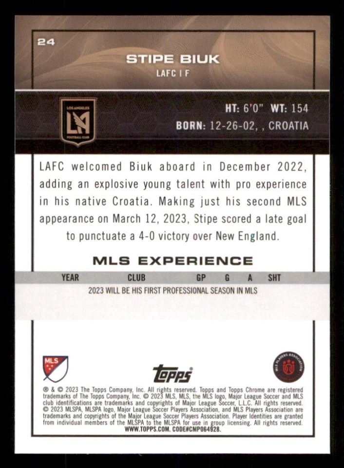 2023 Topps Chrome MLS #24 Stipe Biuk - Image 2 of 2