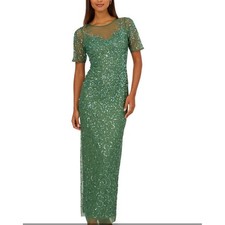 Adrianna Papell Green Quartz Bead Mesh Column Dress AP1E212674 NWT Size 14