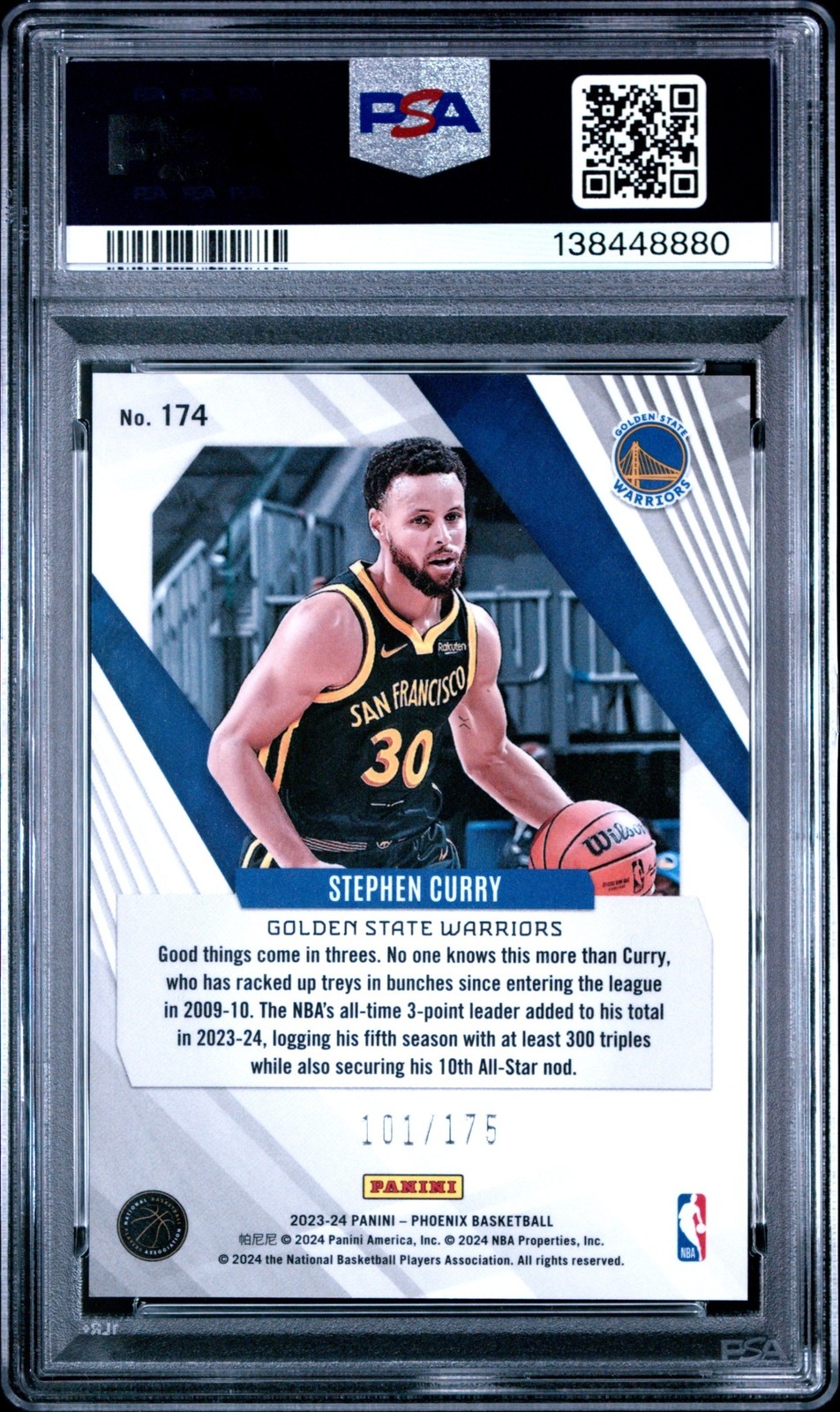 2023-24 Panini Phoenix Stephen Curry #174 Yellow Ice 101/175 Warriors PSA 10 view 2