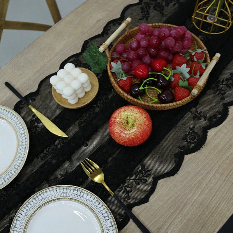 70x300cm Black Vintage Embroidered Lace Table Runner Wedding Party Dining Decor - Image 3 of 4