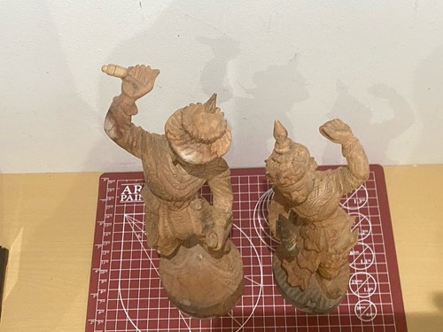 Vintage Thai Hand Carved Wood Statues Traditional Dancers Southeast Asian Art - Picture 11 of 11