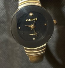 Vintage Elgin II Diamond Silver Tone Black Face Gold Hands. Watch Needs Battery