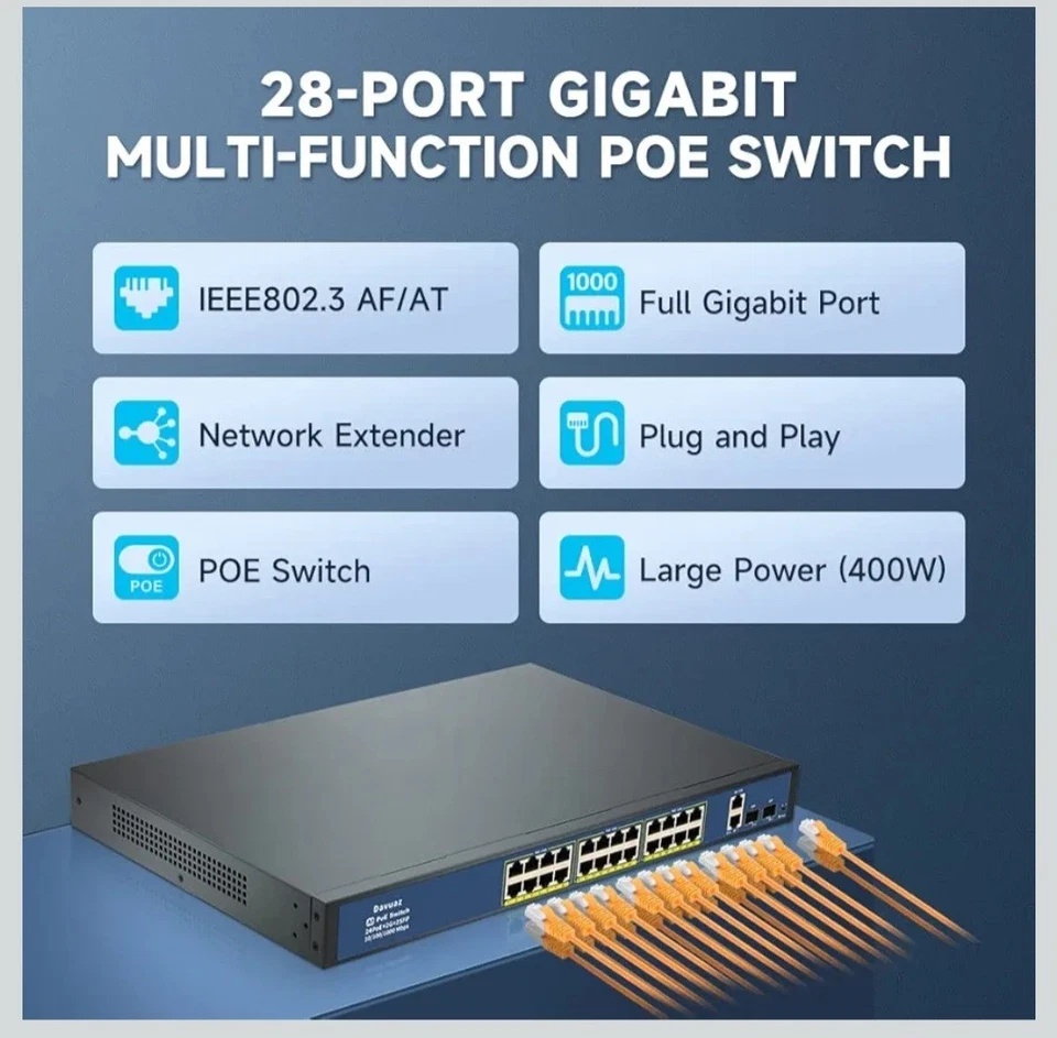 Davuaz Gigabit PoE Switch with 24 POE+ Port, 2 Gigabit Uplink and 2 SFP Port - Image 3 of 4