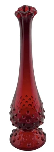 Vintage Fenton Vase In Ruby Red Glass Swung Neck & Hobnail Bottom Footed 9”