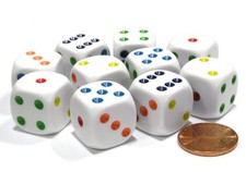 Set of 10 Six Sided Round Edge Opaque 16mm D6 Dice - White with Multicolor Pi...