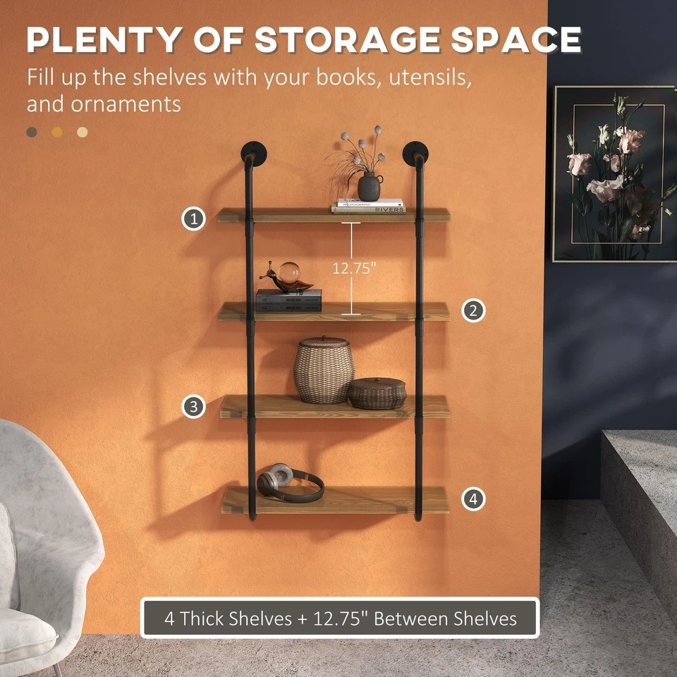 Prateleiras de parede flutuantes HOMCOM 4 camadas | Estrutura de metal marrom rústica 31,5W x 29,5tt... - Imagem 3 de 4
