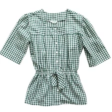 Vintage 70s Gingham Top Womens Medium Green Country Cottage Picnic Feminine 