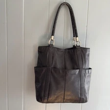 Tignanello Genuine Leather Tote Bag Black Braided Handles Classic Everyday Purse