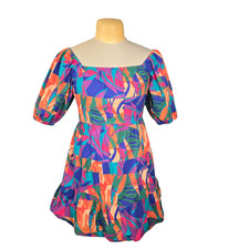 Sim & Sam Women's L Colorful Geometric Bubble Hem Puffed Sleeve Mini Dress Chic 