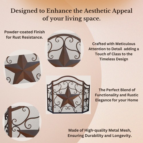 3-Panel Fireplace Screen with Stars & Scrolls Design - Picture 2 of 8
