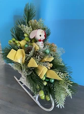 Vintage 60's Christmas Pine Plastic Bow Table Sleigh Centerpiece Decor