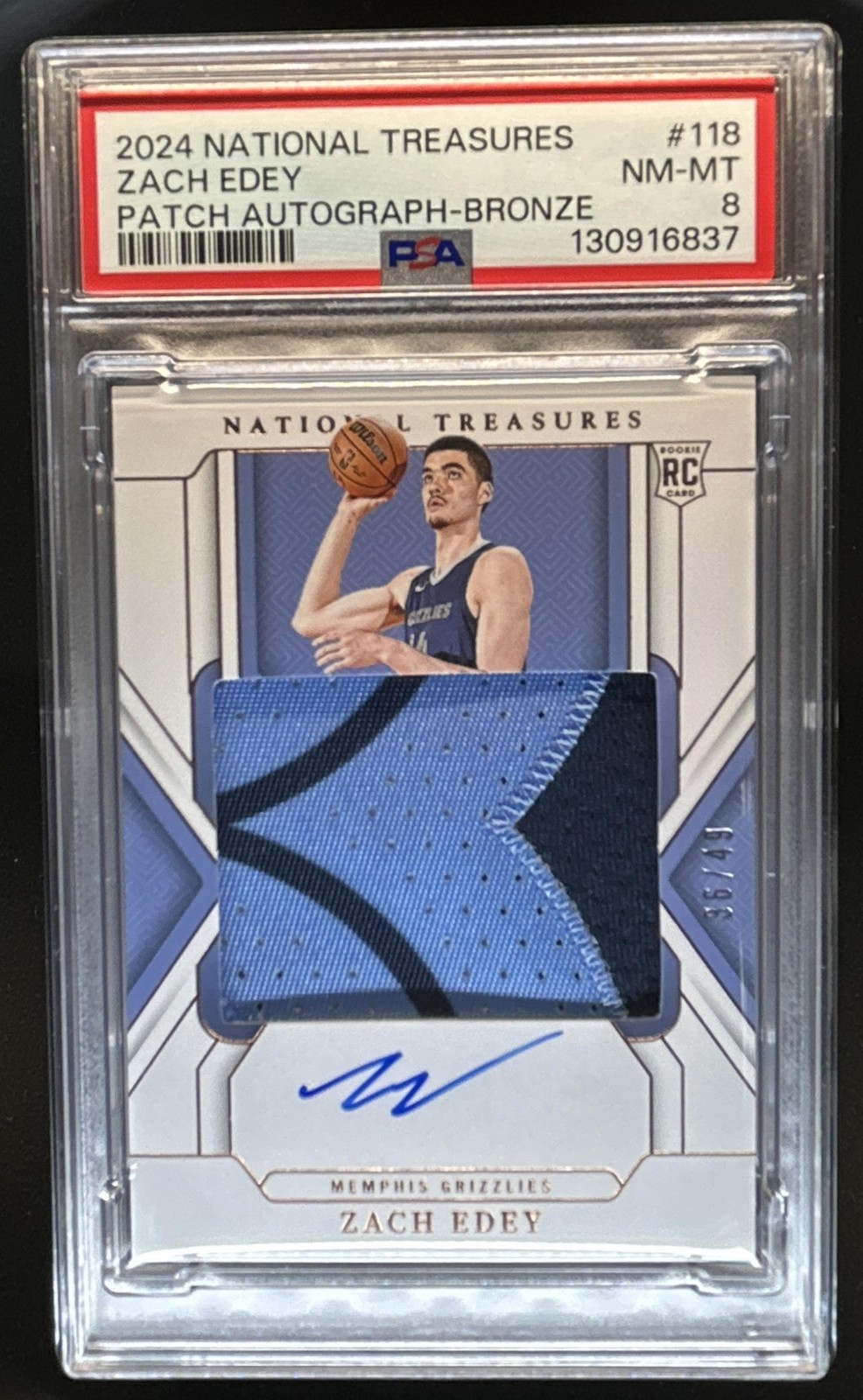 2024-25 National Treasures Zach Edey Rookie Patch Auto RC Bronze #/49 PSA 8 view 1