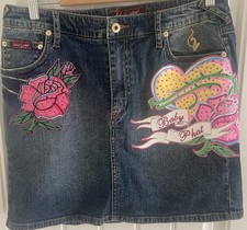 BABY PHAT Jean Co Y2K Denim Skirt Mini Size 14 Embroidered Sequin