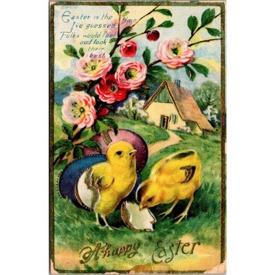 Happy Easter Gold Metallic Accents Two Yellow Baby Chicks Vintage Postcard SP5-1