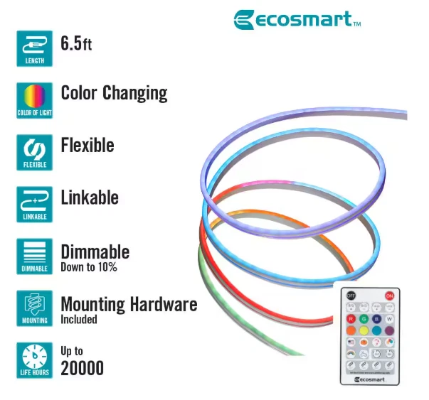 Tira de luz LED enchufable regulable EcoSmart con control remoto 3000K 24V 6,5 pies Foto 3 de 4