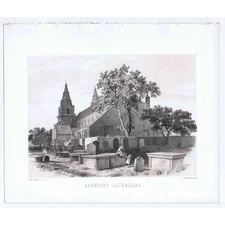 Antique Tinted Lithograph Print c1868 - Aberdeen Cathedral