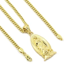 Men's 14k Gold Plated Small Virgin Mary Pendant Hip-Hop 30" 3mm Cuban Chain