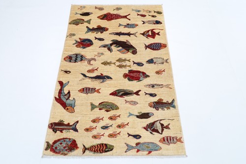 3 x 5 ft Fish Beige Area Rug Afghan Hand Knotted Veg Dye Wool oriental ...