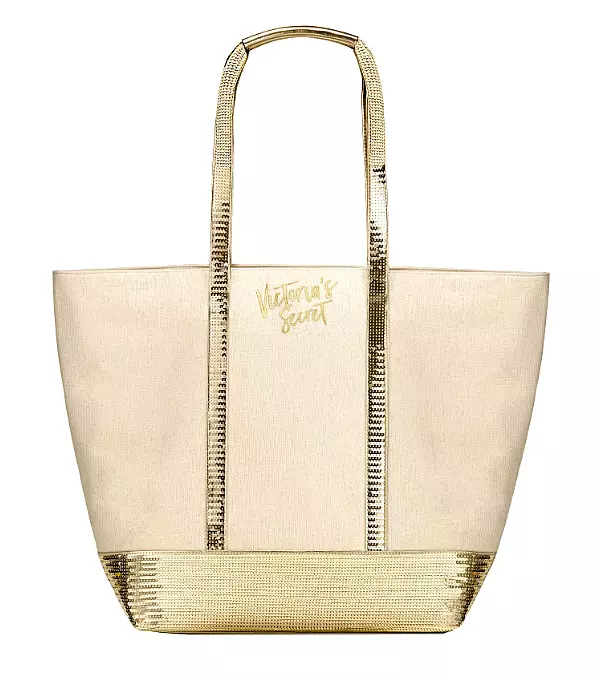 NWT VICTORIA'S SECRET TOTE CREAM WHITE CANVAS GOLD SEQUINS WEEKENDER  LARGE BAG