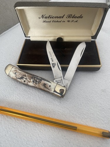 NATIONAL 2 BLADE HAND ETCHED in USA SURGICAL STEEL SCRIMSHAW POCKET KNIFE NOS - Afbeelding 9 van 12