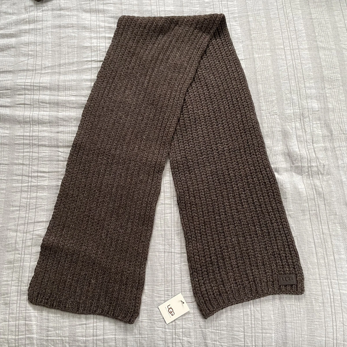 New Ugg Australia Chunky Scarf 100 Lambswool Brown Ribbed Knit