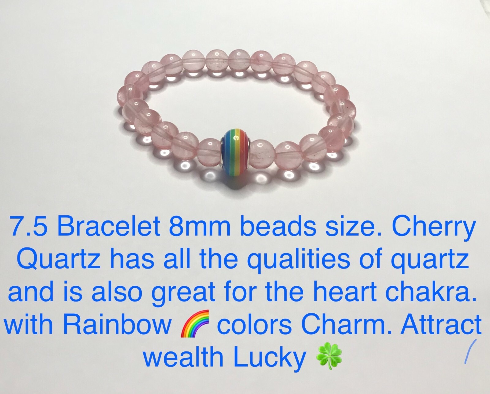 Feng Shui Chakra Healing 7.5" Bracelet. With Cherry Quartz and Rainbow Charm. 