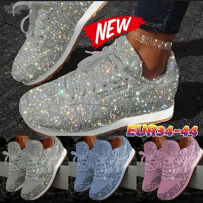 Women Flat Sneakers Casual Mesh Lace Up Bling Vulcanized Shoes Soft Knitting
