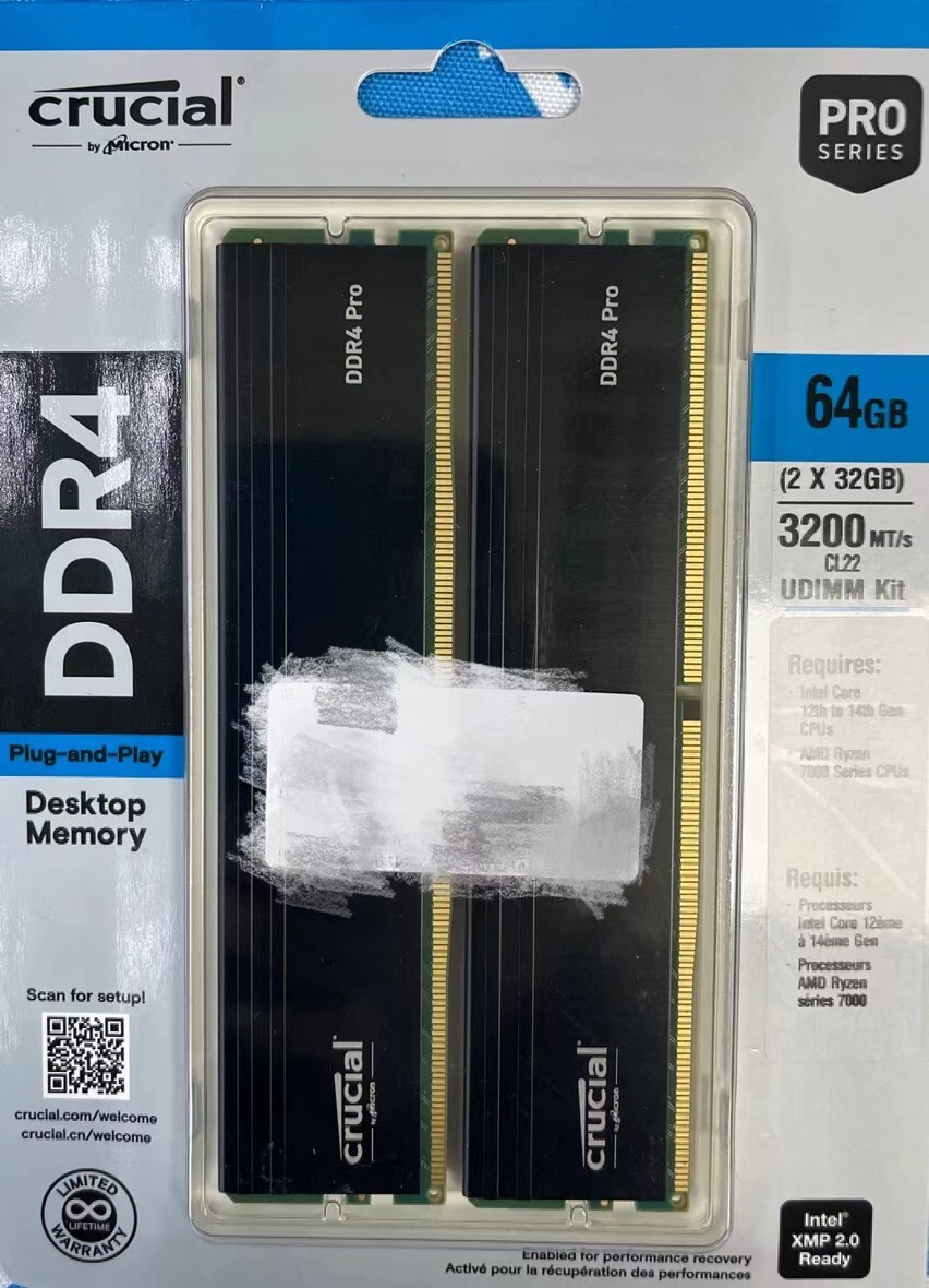 メモリー crucial DDR4 Pro 64GB (2x32GB) 3200MHz Crucial Pro 64GB DDR4 RAM Kit (2x32GB), 3200MHz (or 3000MHz