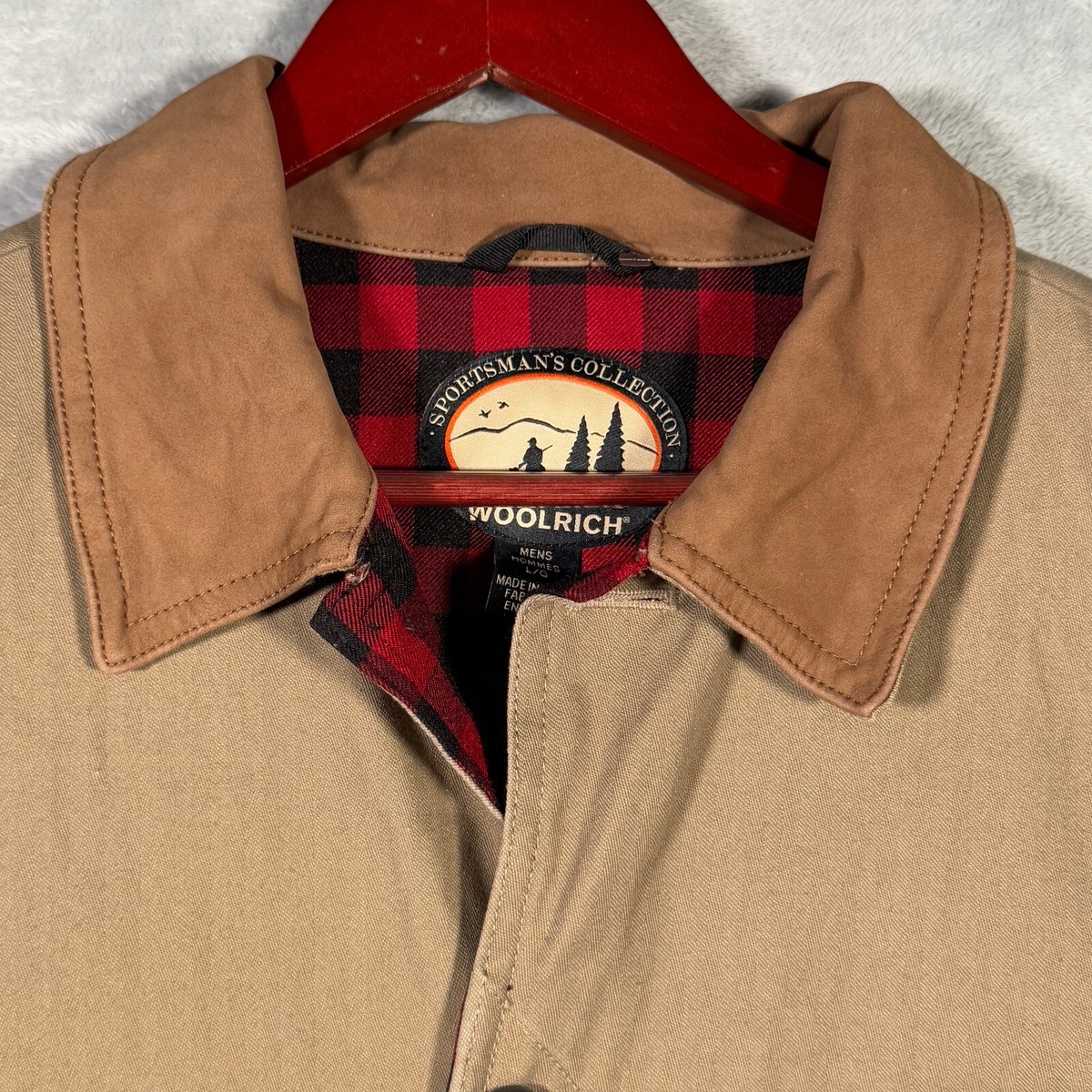 Woolrich Jacket L Brown Chore Coat Leather Collar Canvas Upland