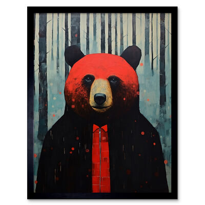Hipster Red Bear Artwork Black Blue Artwork Forest Trees Framed Wall Art 12x16