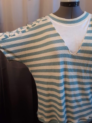 Honeycomb Knit Lattice sleeve T-shirt top M Turquoise Cream stripe short sleeve - 第 3/12 張圖片