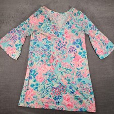 Lilly Pulitzer Floral Tunic Top Bell Sleeve Tie Neck Medium